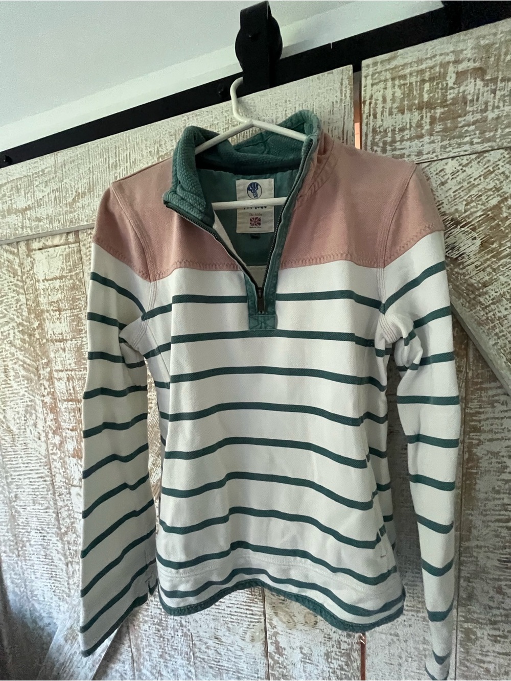 FatFace Striped Quarter-Zip Pullover Sweater - White, Green & Pink- size Small